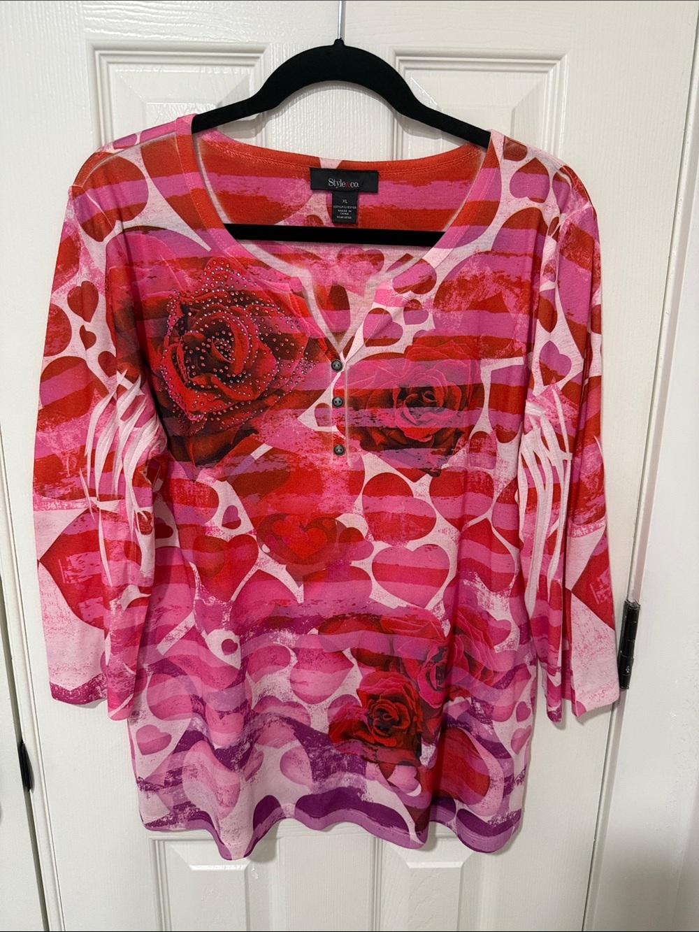 Style & Co. Pink and Red Rose-Print Long Sleeve Henley Top